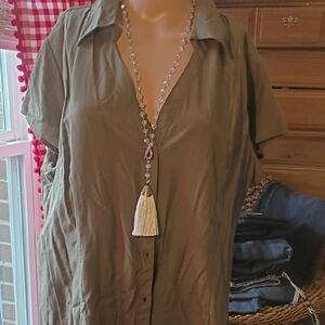 Cato Olive Green Blouse with Crystal Necklace